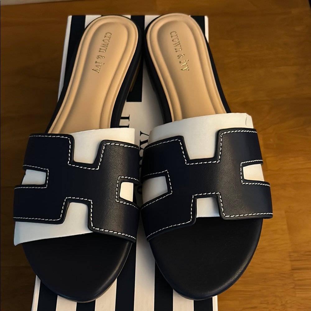Crown & Ivy Blue and White Slide Sandals with H-Cutout